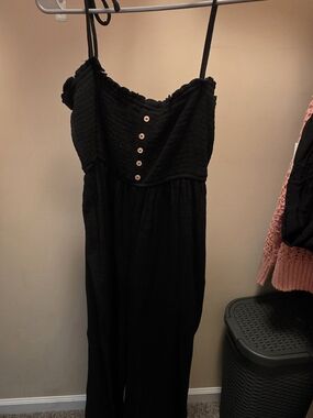 Black Smocked Spaghetti-strap Tie Jumpsuit